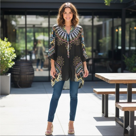 Lola & Sophie Tops - Lola & Sophie 100% Silk Geometric Tribal Print Tunic Blouse Medium
